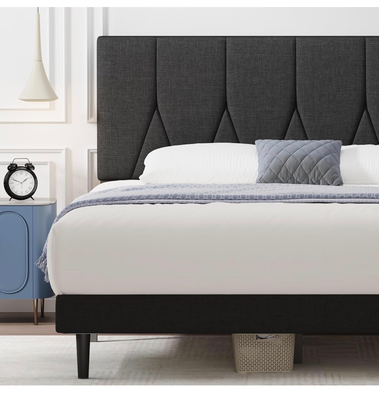 Small Double Bed Frame, Black, Upholstered Wooden Slat Bed Frame with Headboard