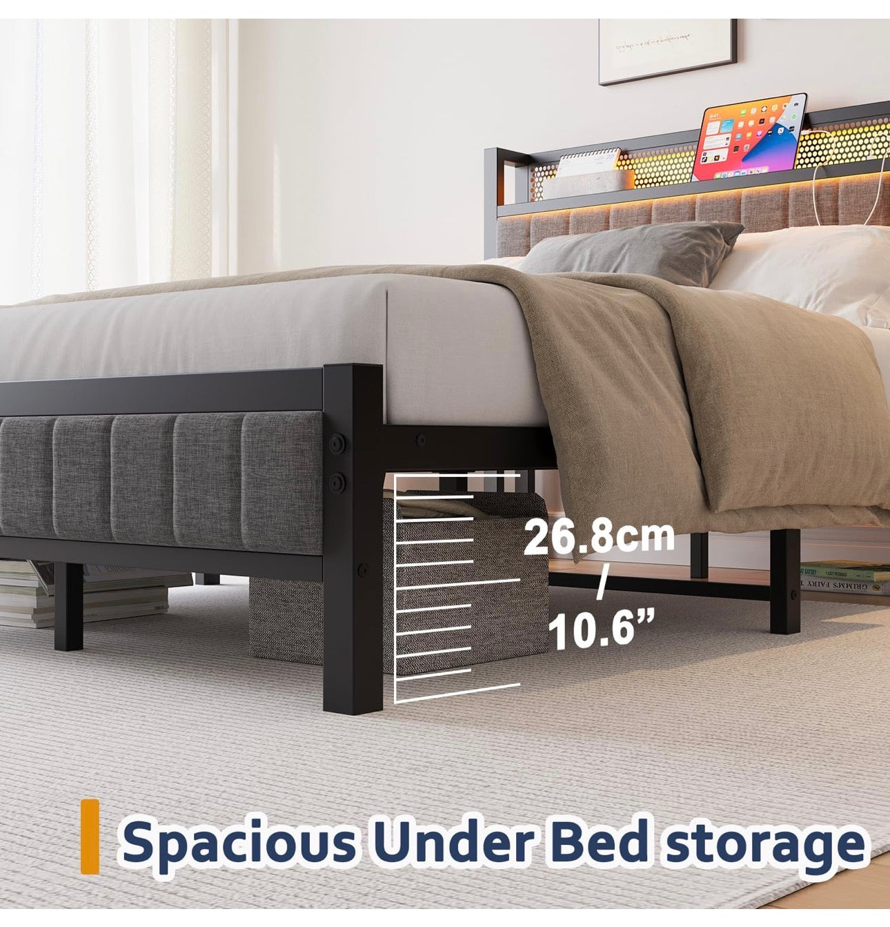 Single Bed Frame with Upholstered Headboard, Wooden Storage Headboard Shelf, 3ft Upholstered Bed Frame with Charging Station/USB Ports and LED Lights (Gray Single Bed)