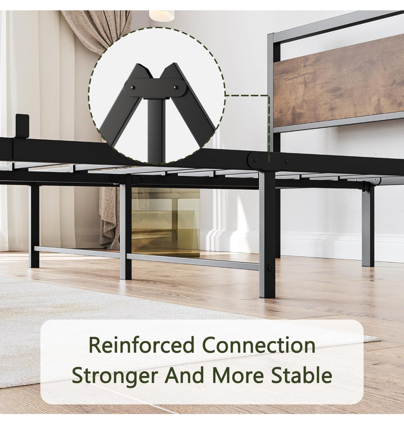 King Size Metal Platform Bed Frame with Wooden Headboard