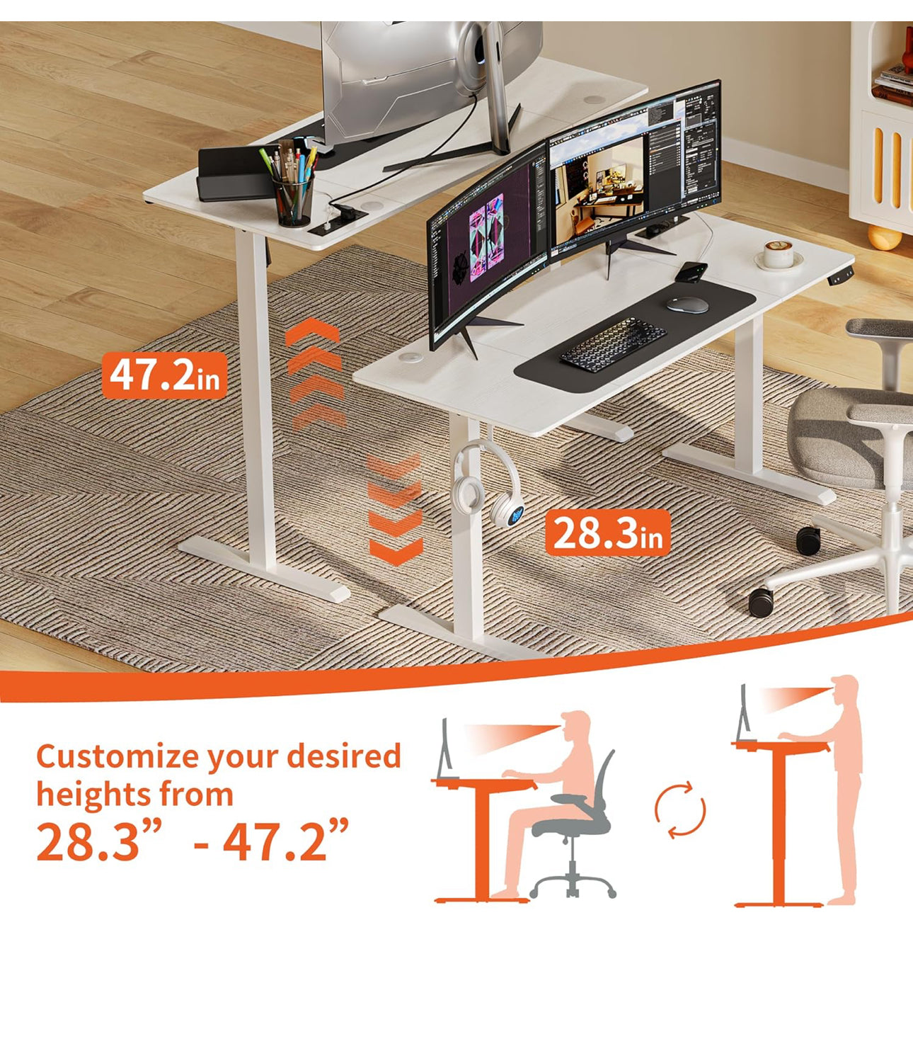 Height-Adjustable Desk with Outlets and USB & Tpye-C .