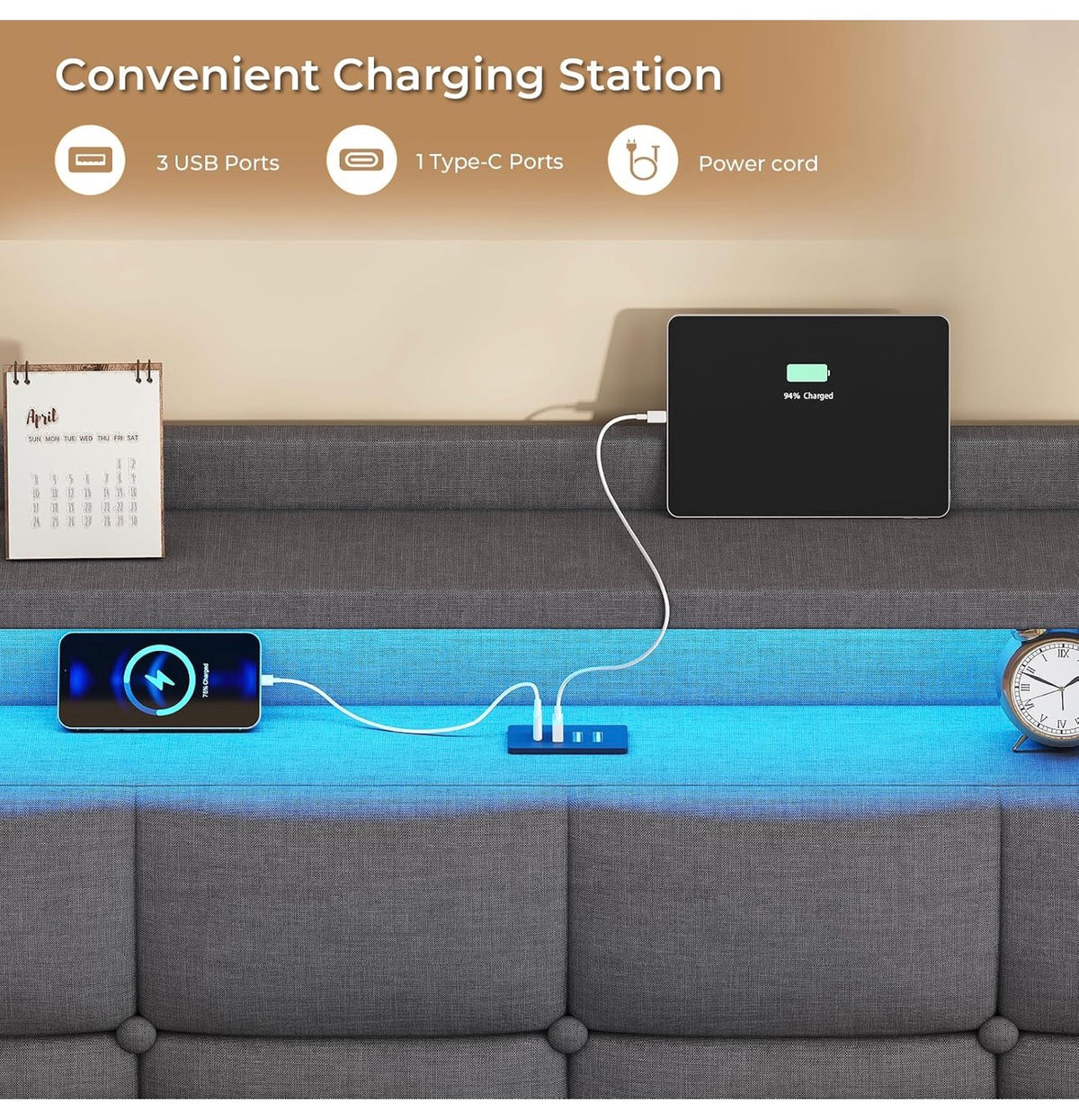 4ft6 Floating Double Bed Frame 135×190CM with LED Lights & Charging Station, Metal Platform Bed frame with Upholstered Headboard, Easy Assembly,Noise Free,No Box Spring Needed,Dark Gray Linen