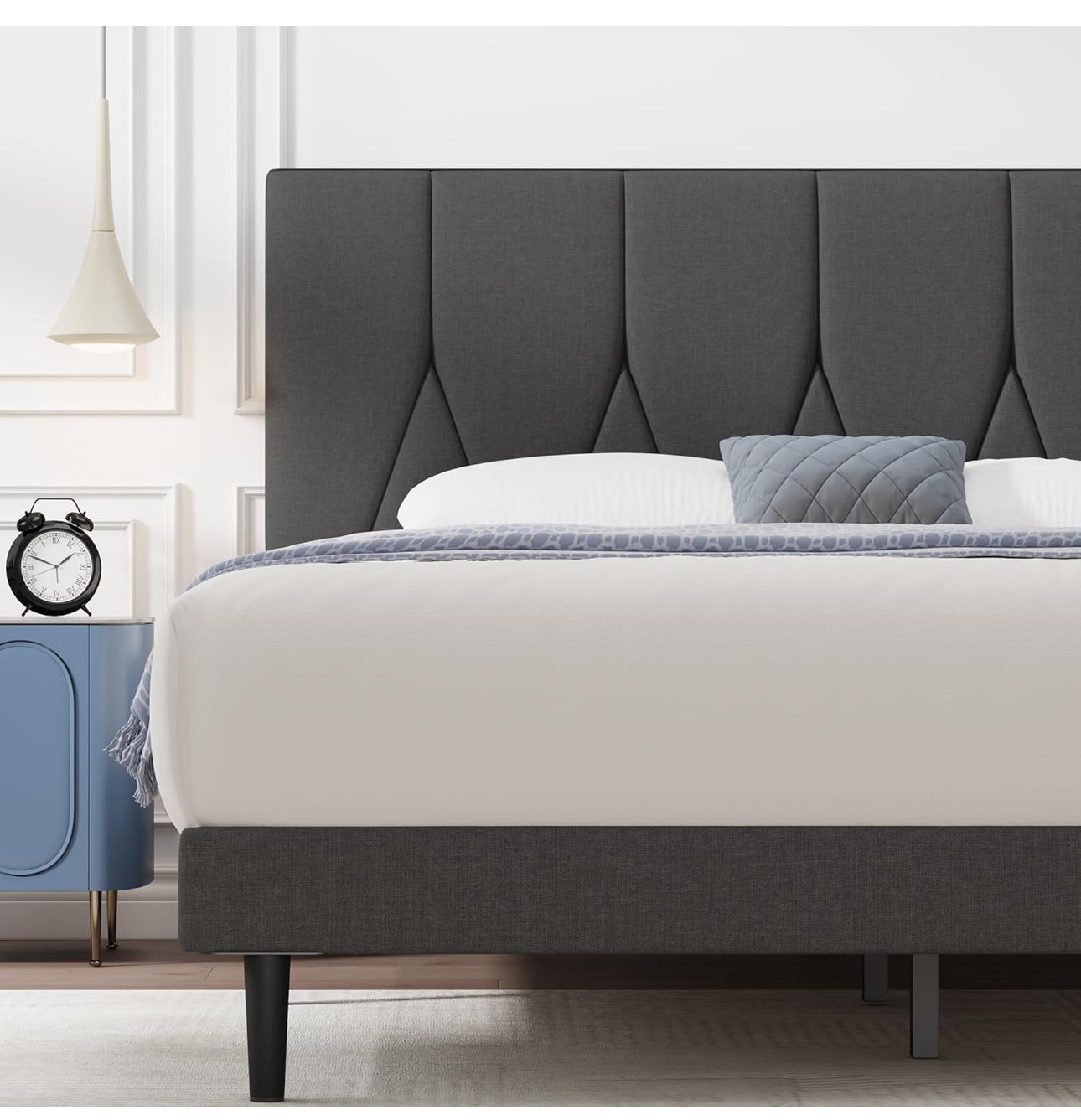 Single Bed Frame, Dark Grey, Upholstered