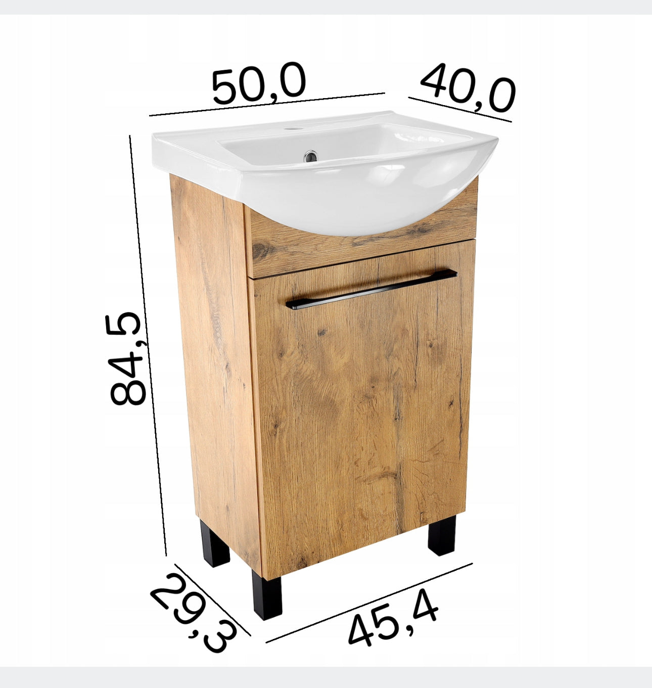A solid bathroom cabinet with a 50cm washbasin