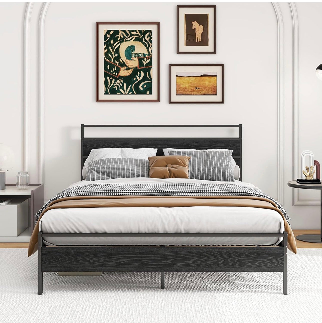 King Size Bed Frame with Wooden Headboard, Metal Bed Frame King size Bed Base/Mattress Foundation,Metal Slat Support Noise Free,Textured Black