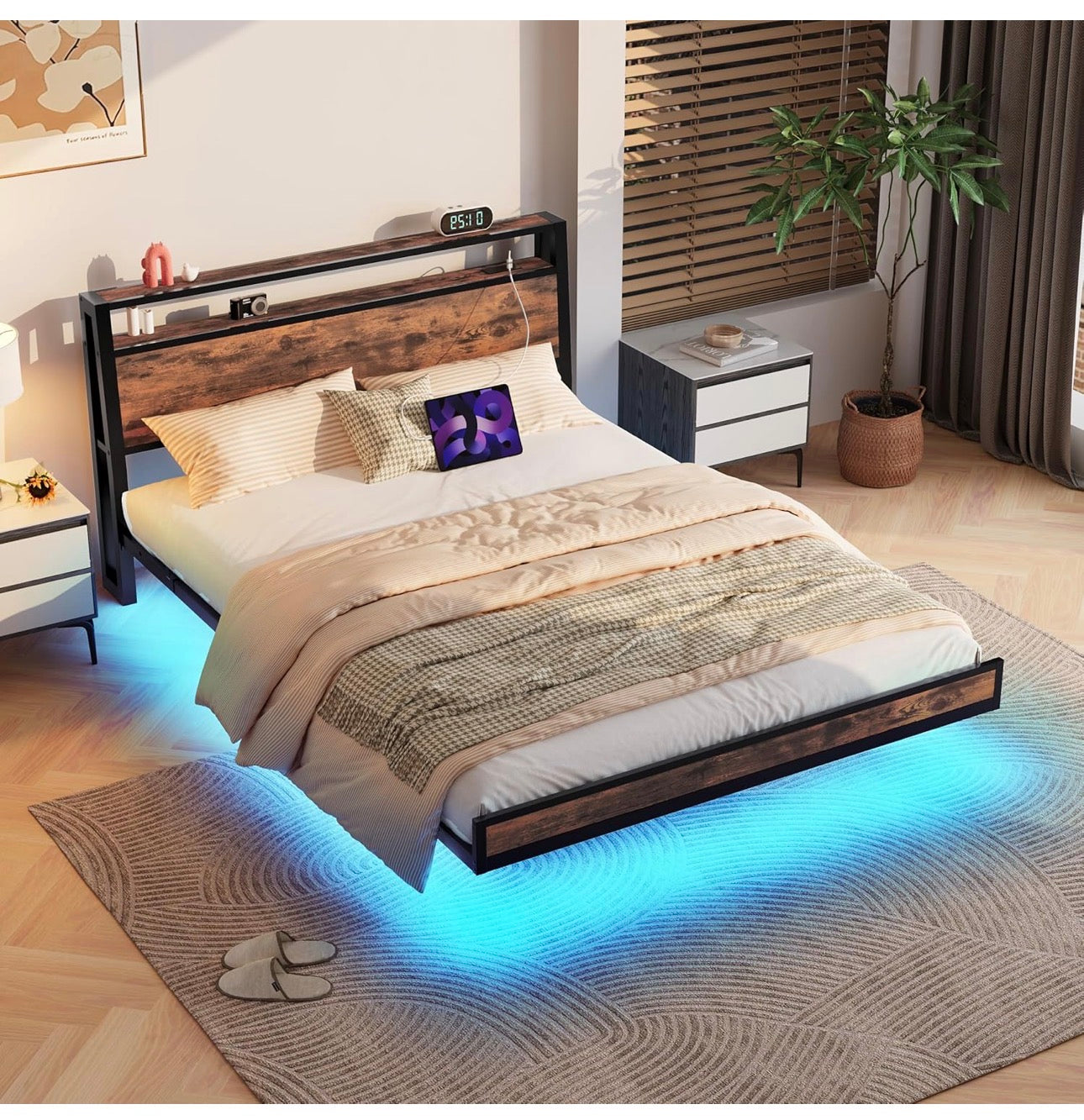 Floating Bed Frame Double Size with Charging Station and LED Lights, Wood Headboard with Storage Shelves