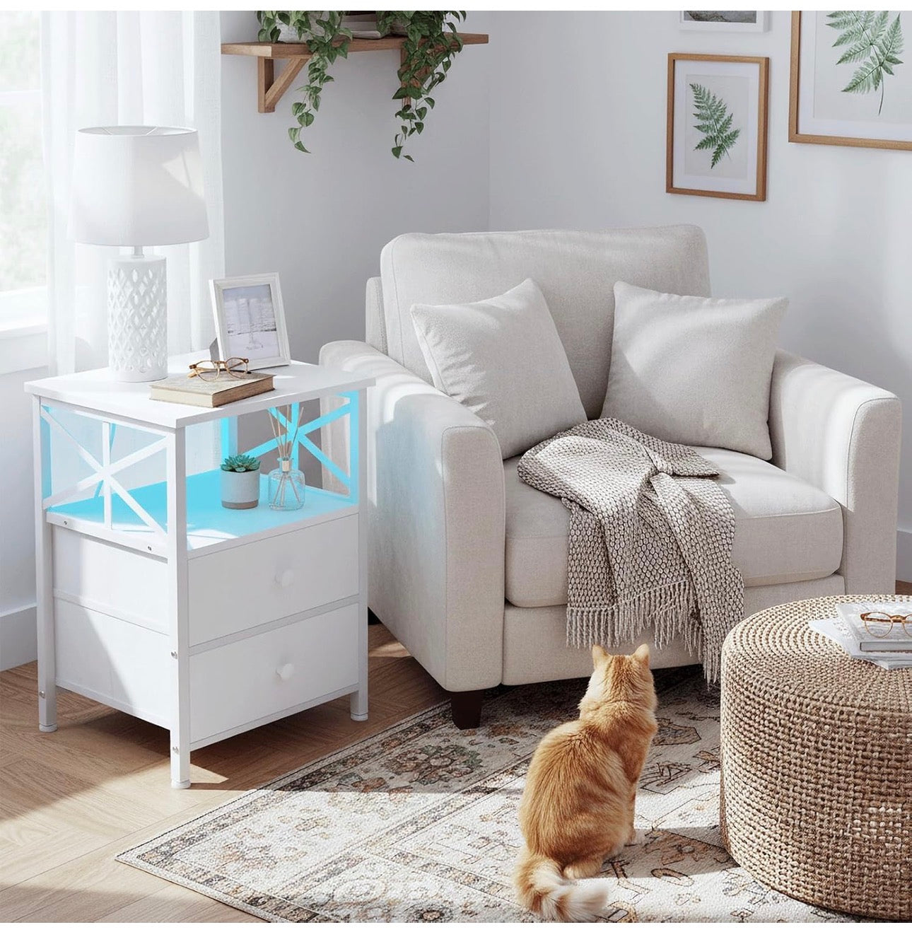 Bedside Table Set of 2, Side Table with Charging Station and Led Lights, Bedside Cabinet with 2 Fabric Storage Drawers, Sofa Side Table, Nightstand for Living Room, Bedroom, White