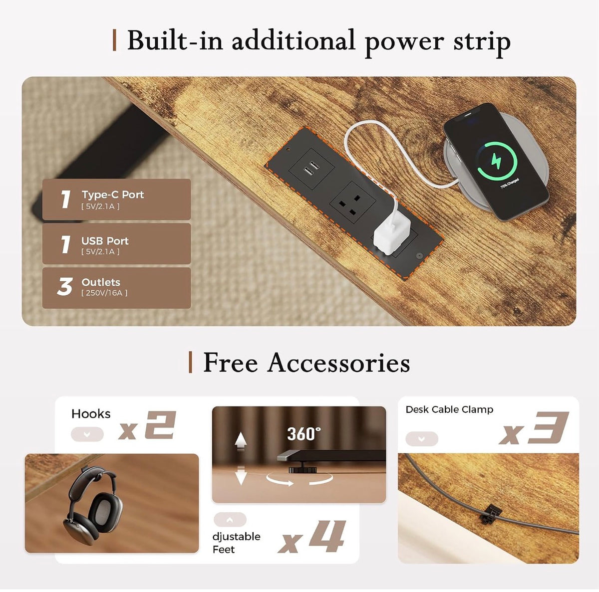 Electric Standing Desk, Led & Plug, Movable Monitorstand, 140x8072-116cm Height, Standing desk with 2 Memory Buttons, Sit Stand Computer Desk for Home Office, 4 pcs Desktops, Brown