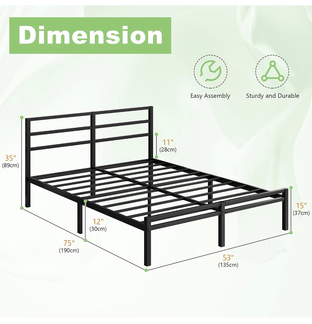 Metal Double Bed Frame with Headboard and Footboard | Fits 135 x 190 cm Mattress, Steel Slats Support, 30 cm Storage Space Underbed, Noise Free, Easy Assembly, Black
