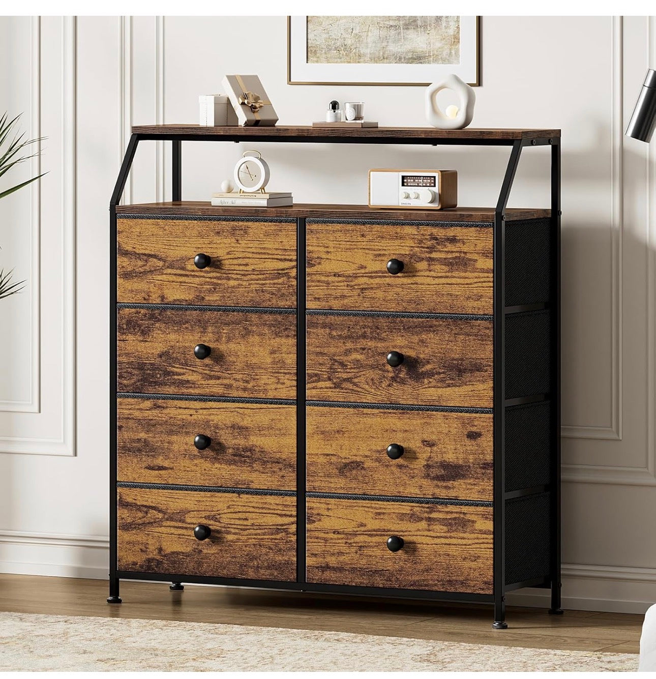 Chest of Drawers with 8 Drawers, Rustic Brown Dresser for Bedroom with Shelf and 2Pcs Wooden Top, Large Storage Organizer Unit for Closet, Living Room, Entryway