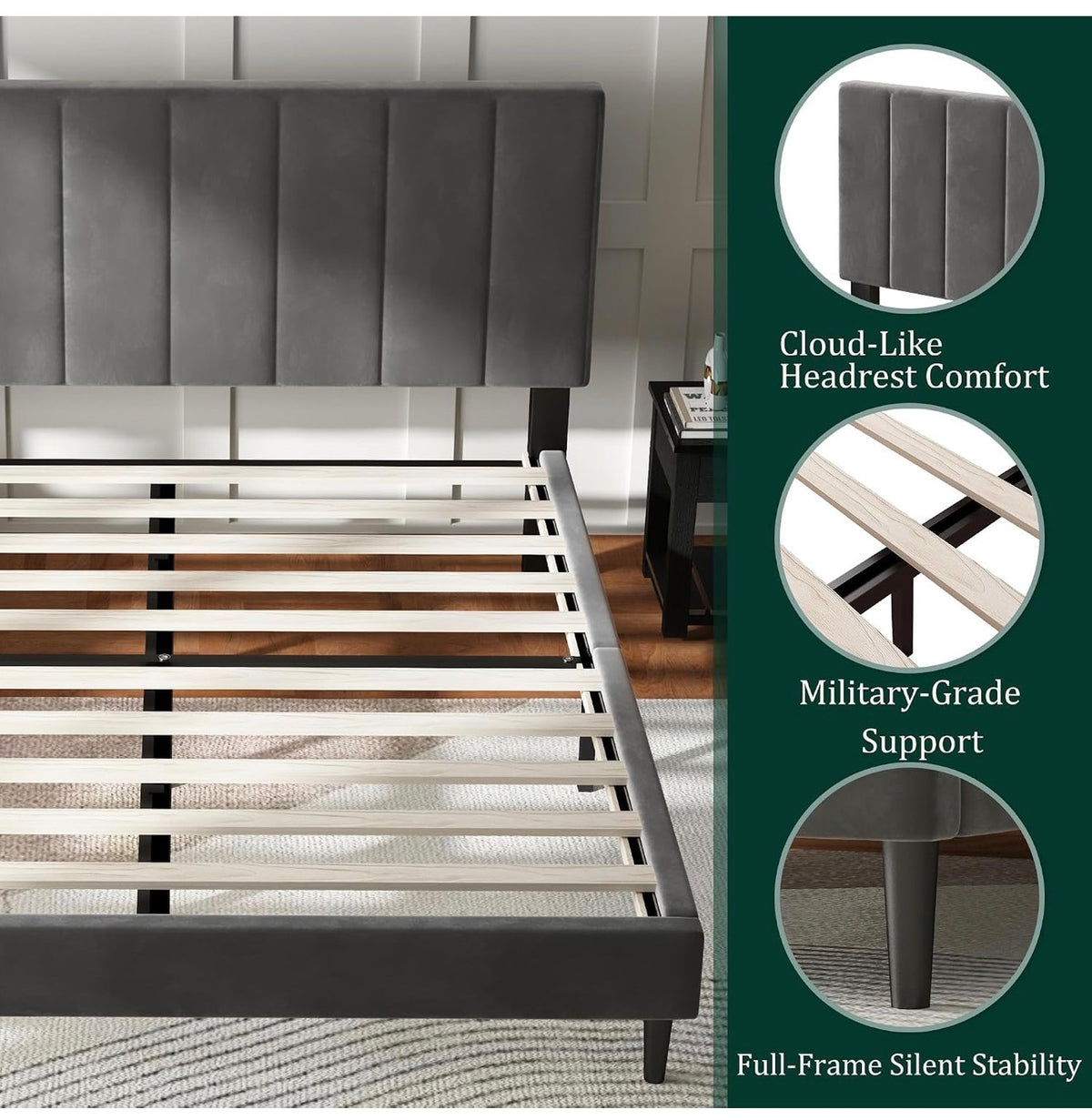 4ft6 Double Bed Frame with Velvet Upholstered Headboard, Grey
Upholstered, Solid slats Support, No Box Spring Needed, Easy Assembly,Underbed Storage,ideal for bedrooms, Apartments