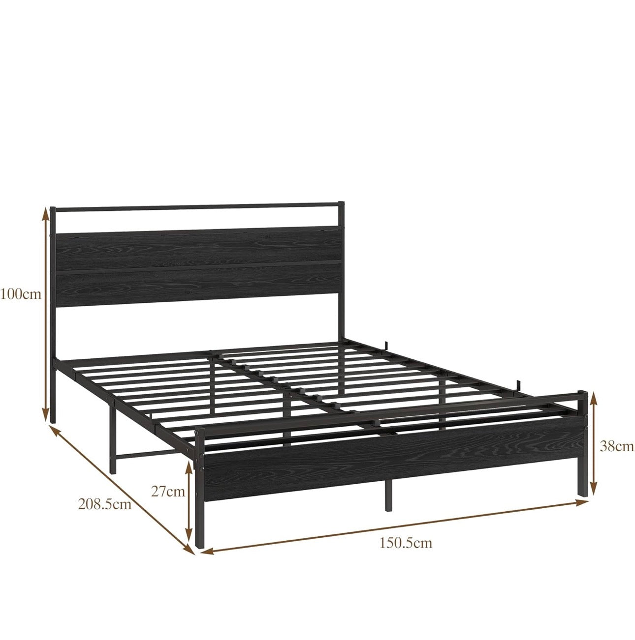 King Size Bed Frame with Wooden Headboard, Metal Bed Frame King size Bed Base/Mattress Foundation,Metal Slat Support Noise Free,Textured Black