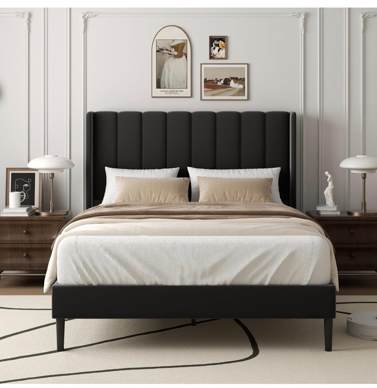 Double Bed Frame with Headboard, Vertical Channel Tufted