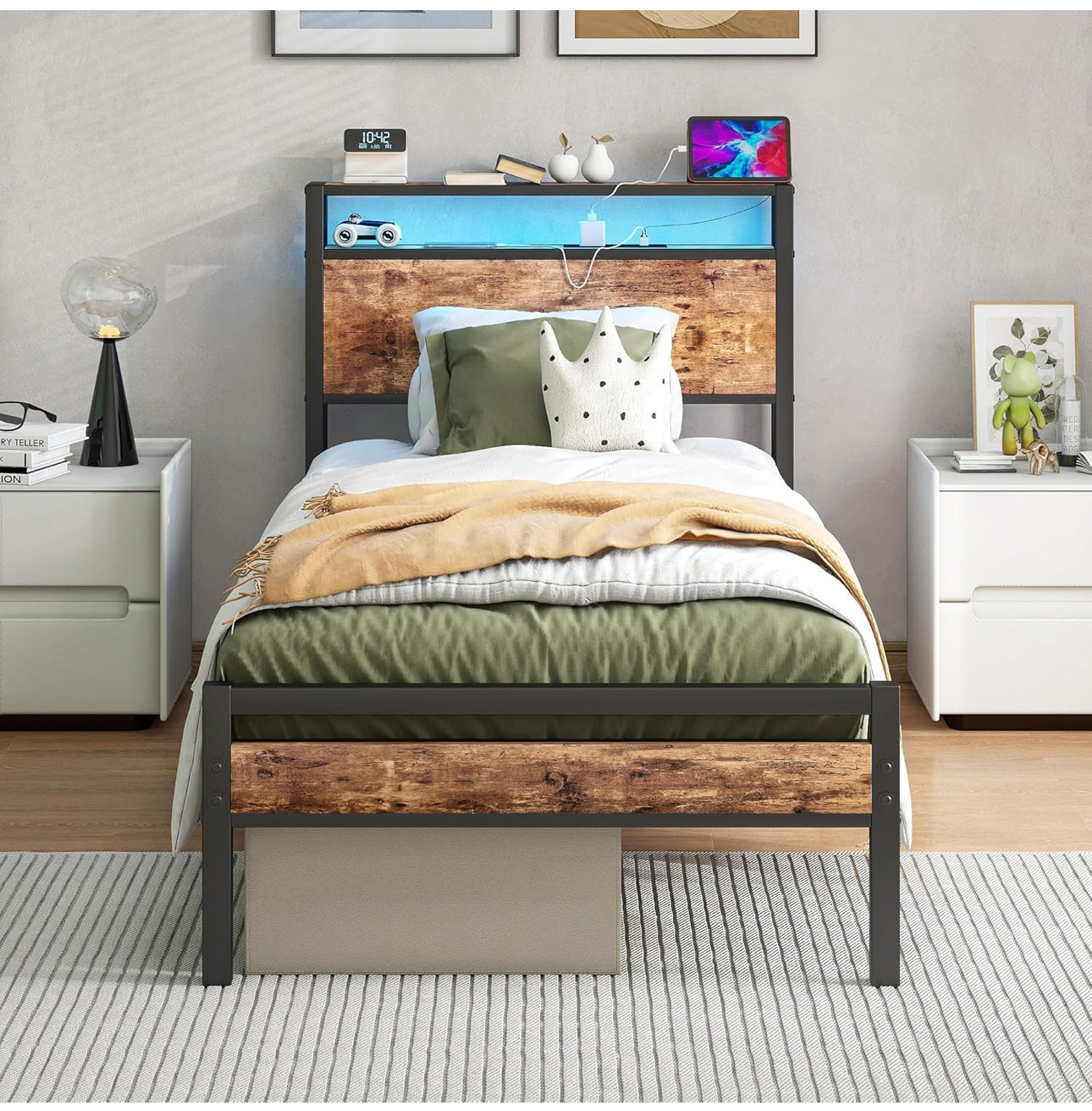Single Bed Frame with Storage Shelf Headboard &amp; LED Lights,Metal Platform Bed Frame with Charging Station