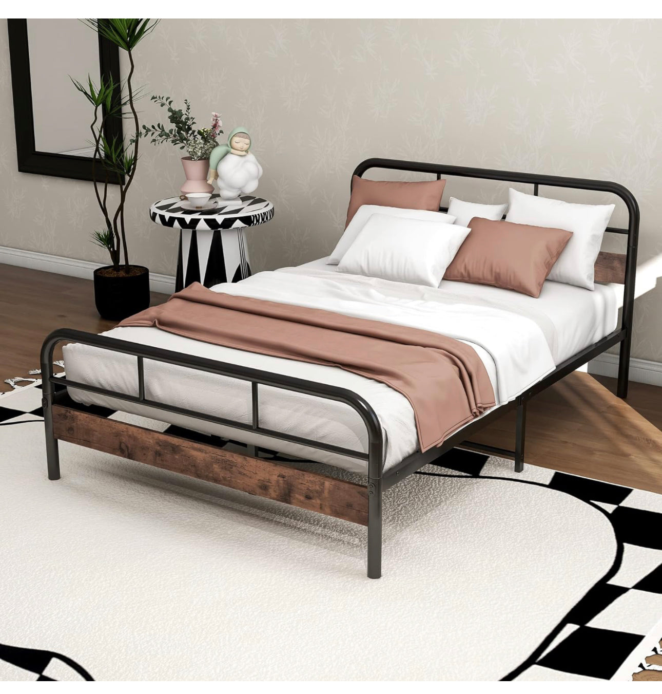 4ft Double Bed Frame with Wooden Headboard