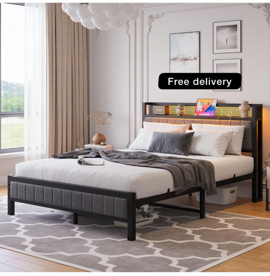 Upholstered Bed Frame Double Bed with Charging Station