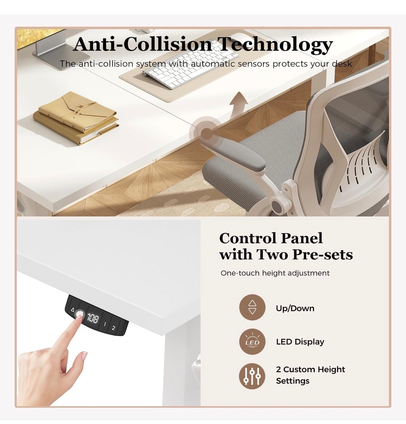 Electric Standing Desk, 2 Memory Buttons for stand & sit, 120x60