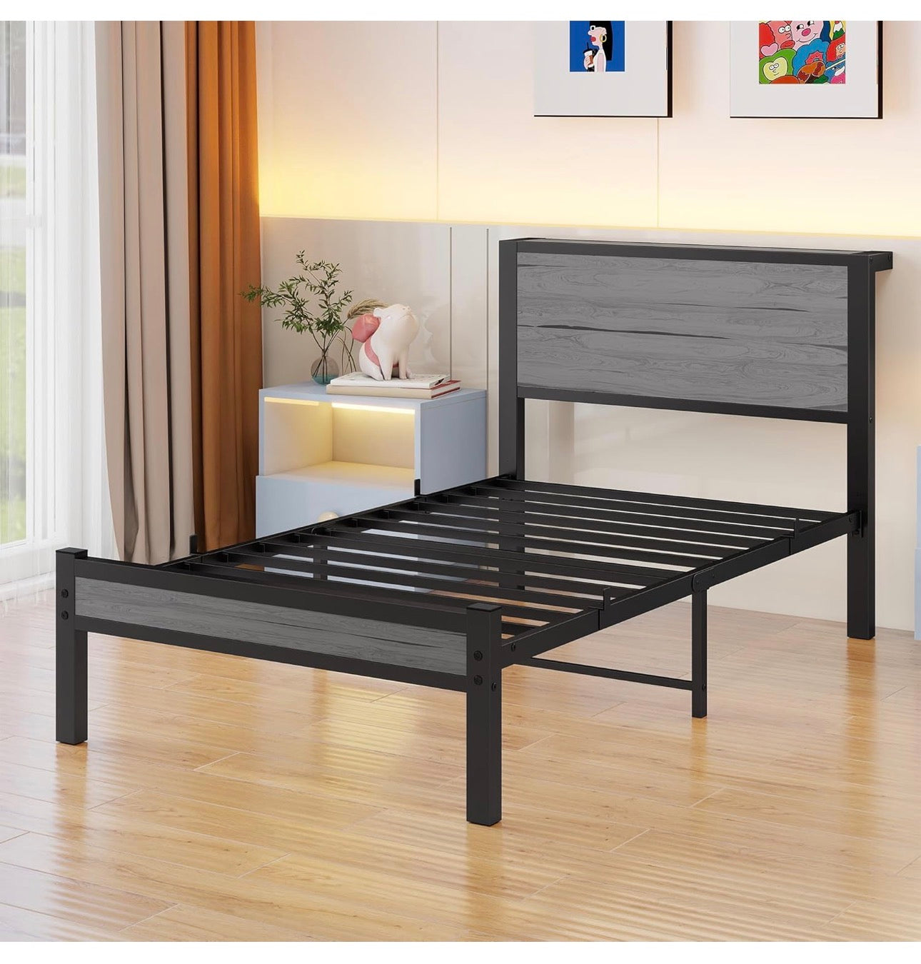 Wooden Single Bed Frame with Storage Headboard Shelf, 3FT Metal Bed Frame Single Bed Base