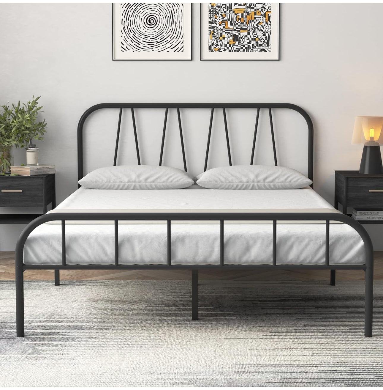 Double Bed Frame, Solid Metal Bed Frame, Modern Platform Bed with High Headboard & Footboard