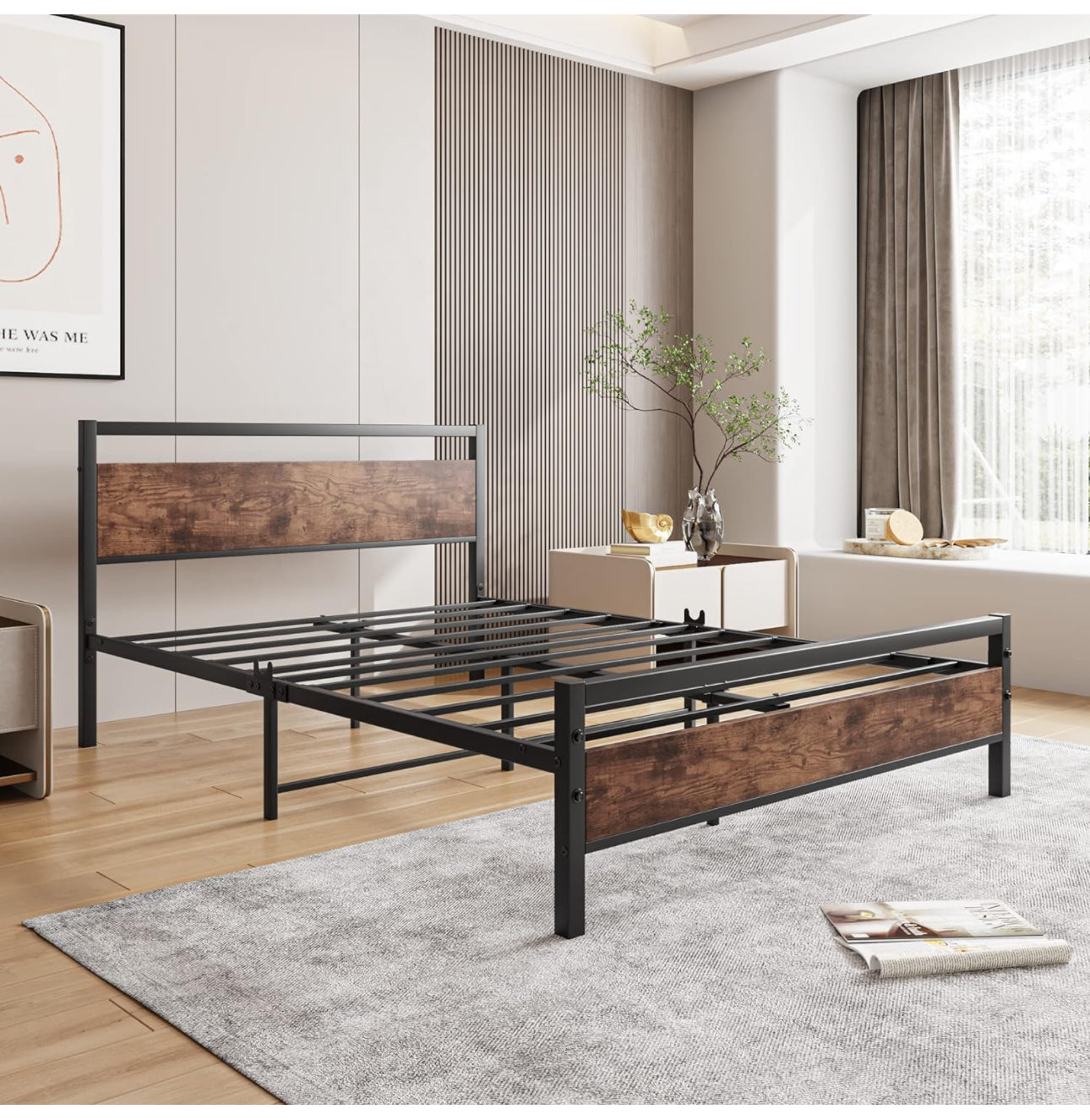 Double Bed Frame with Wooden Headboard