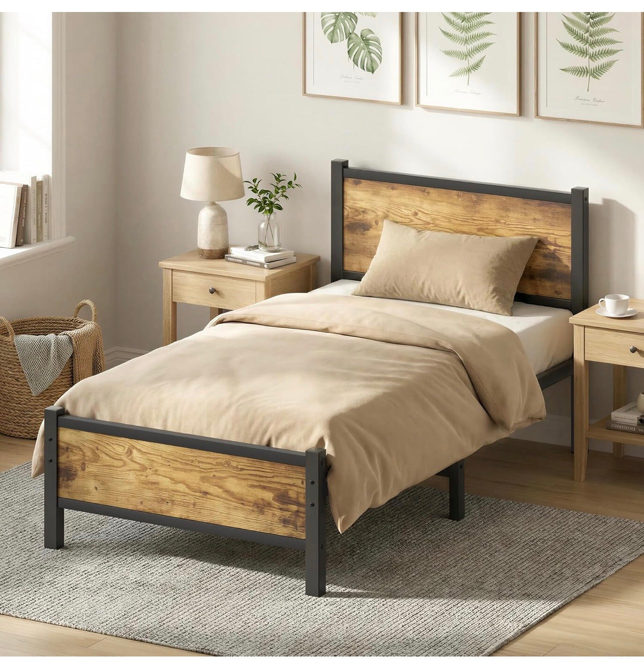Single Bed Frame with Wooden Headboard
