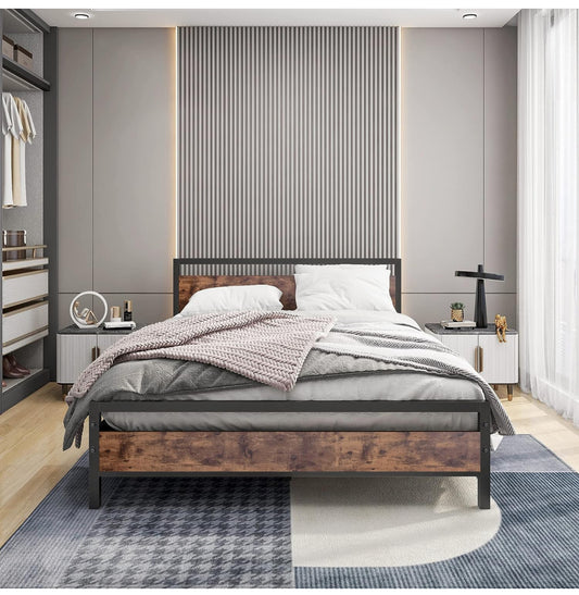 King Size Metal Platform Bed Frame with Wooden Headboard