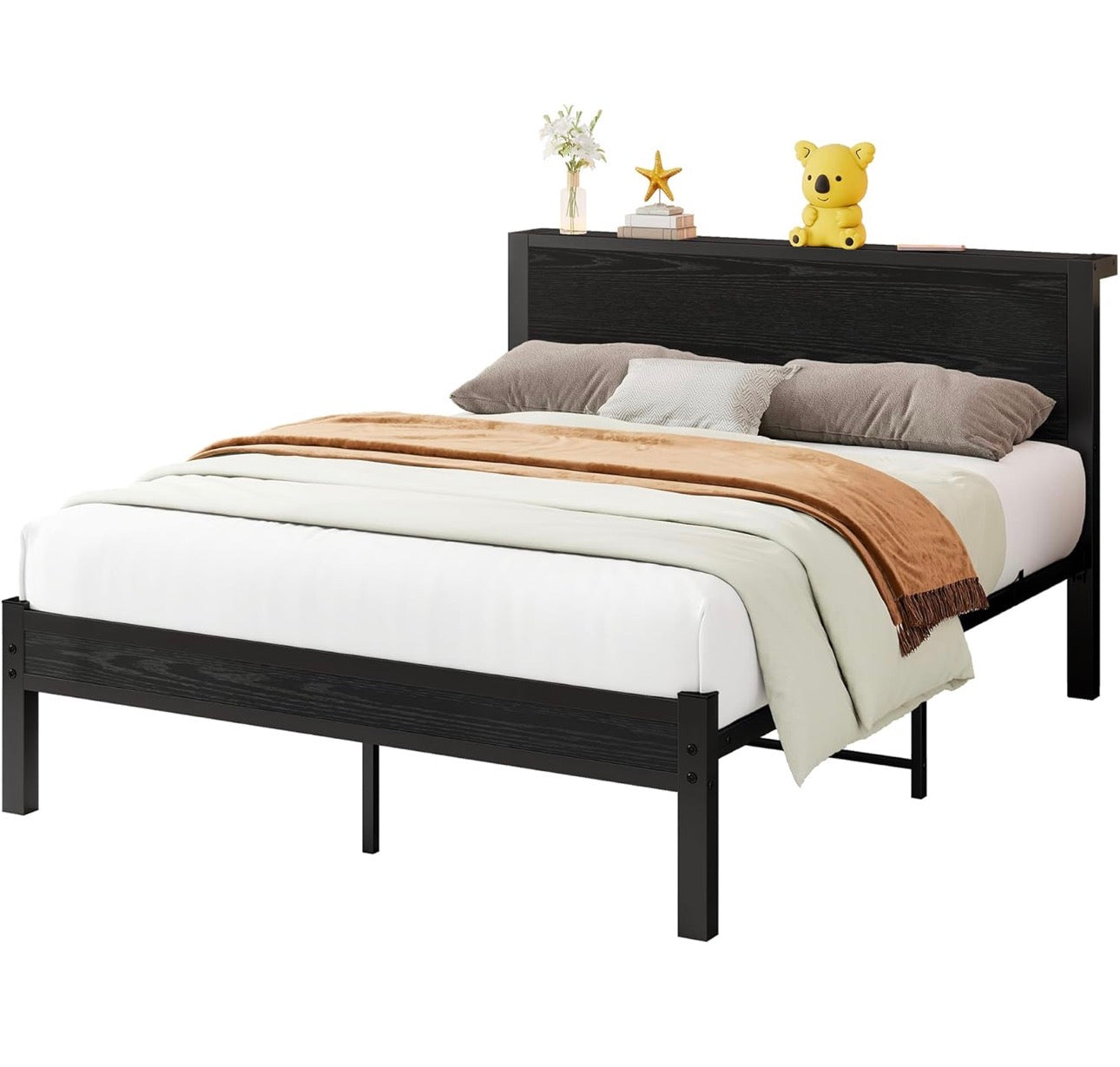 Double Bed Frame Metal Platform Bed Frame with Wood Headboard