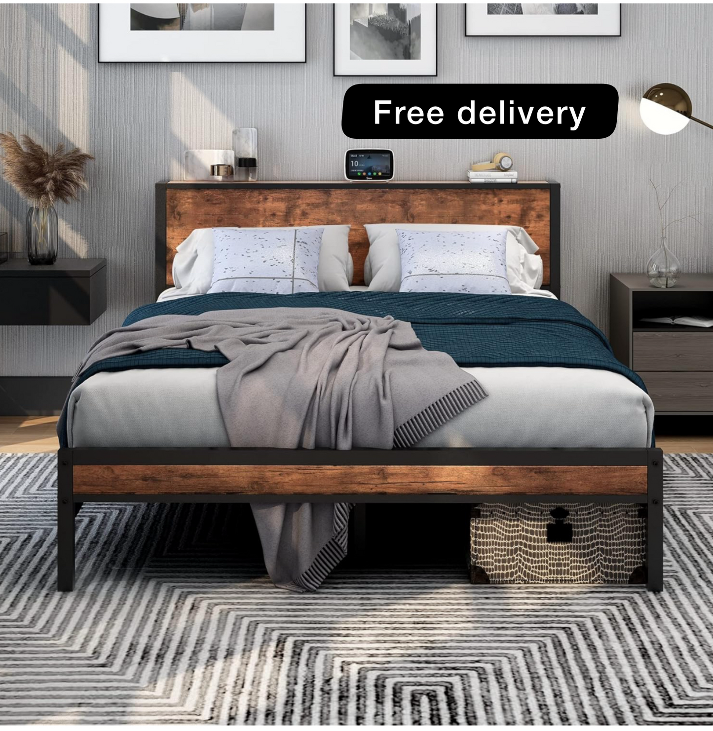 King Size Bed Frame with Storage Wooden Headboard