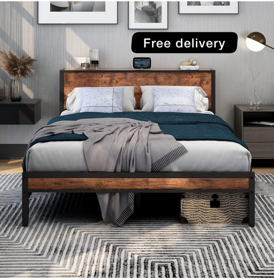 King Size Bed Frame with Storage Wooden Headboard