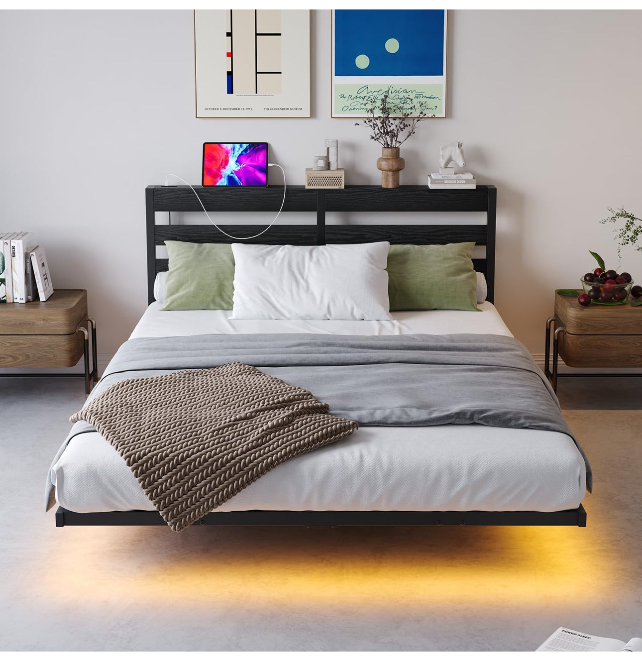 4ft6 Double Floating Bed Frame with LED Lights & USB Charging Station