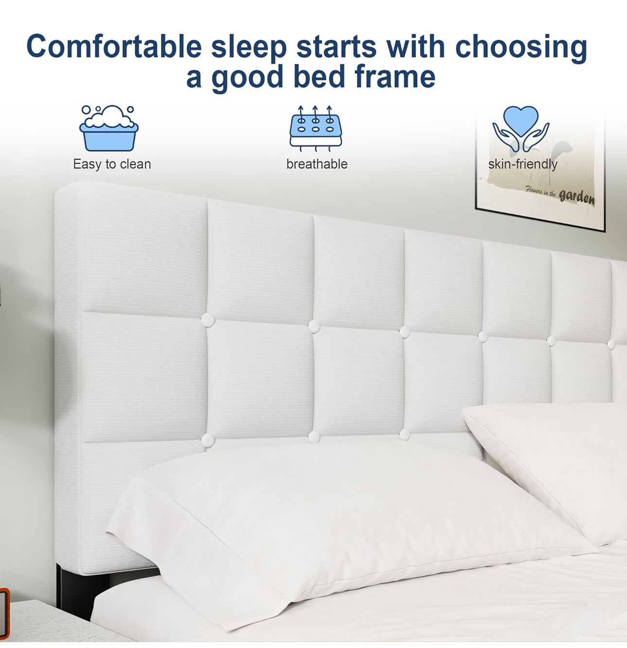 King Bed Frame, Easy Assembly, Sturdy Wooden Slat Support, Upholstered Platform with Headboard