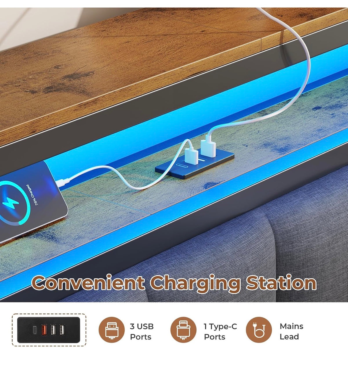 Double Bed Frame 135x190 cm with Floating Visual Effect, 4ft6 Metal Bed Frame with Adjustable LED Lighting and Charging Station, Double Bed with Headboard, Dark Grey (Mattress Not Included)