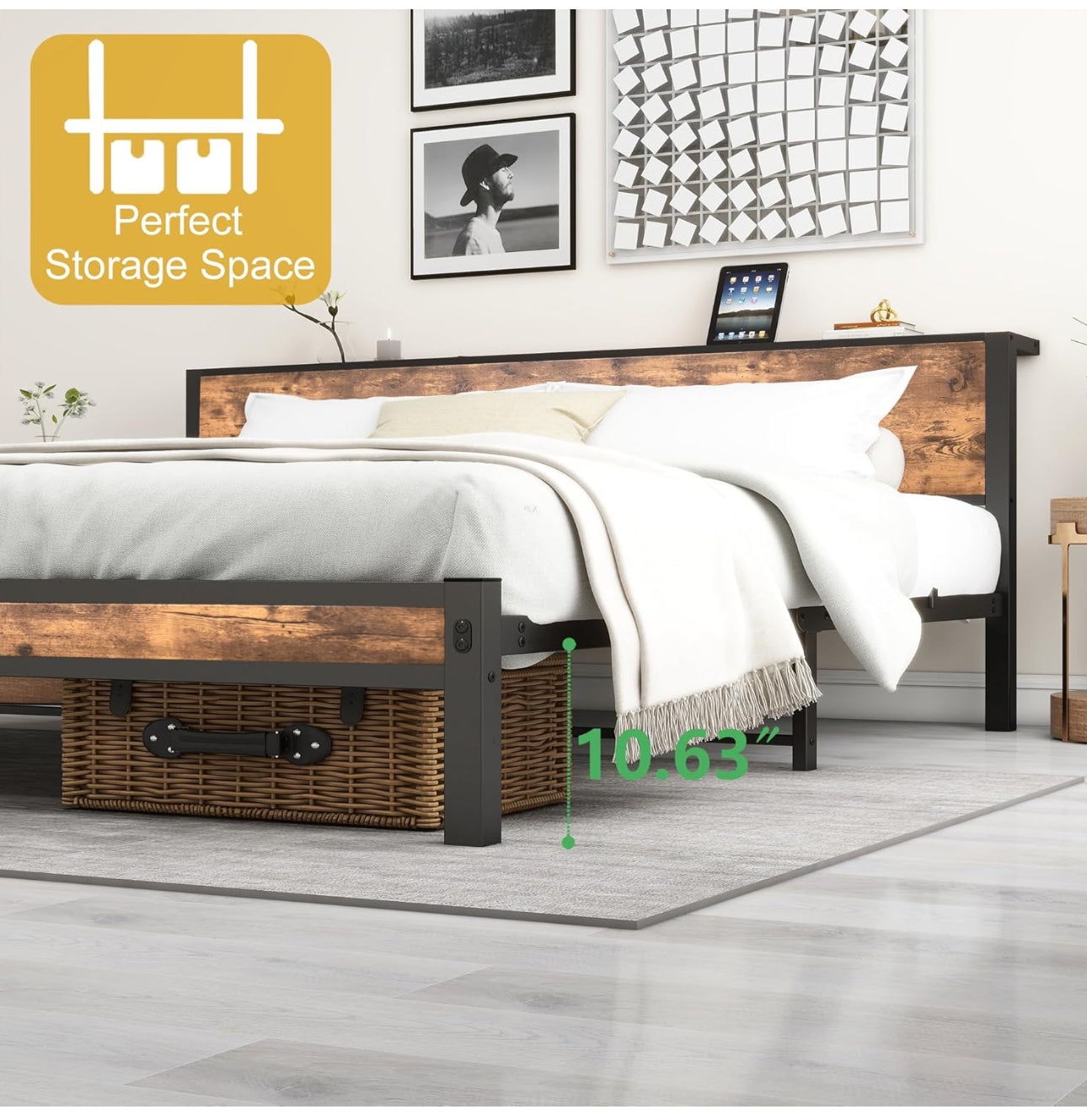 Bed Frame with Wooden Storage Shelf Headboard, Metal Platform Bed Frame Double