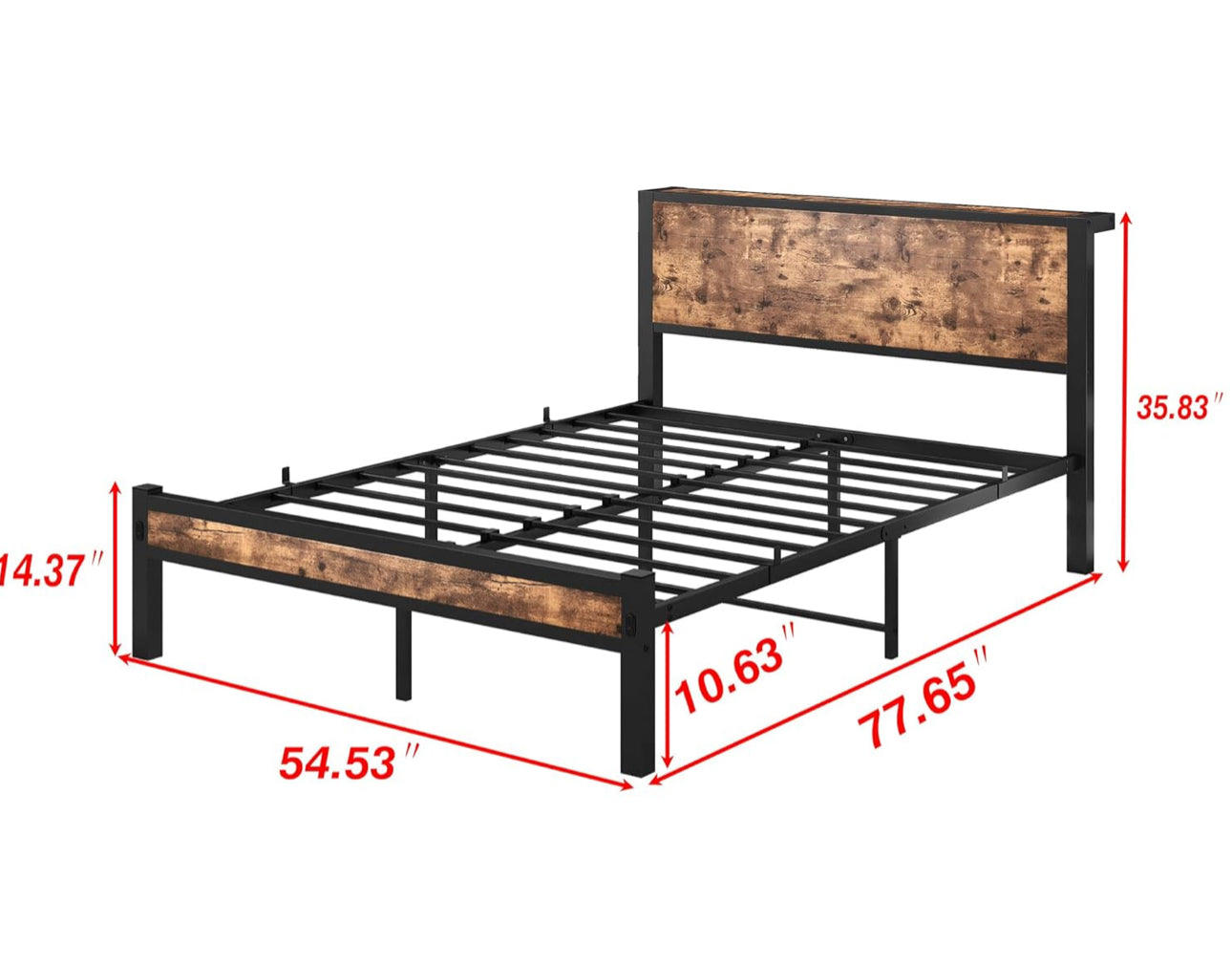 Bed Frame with Wooden Storage Shelf Headboard, Metal Platform Bed Frame Double