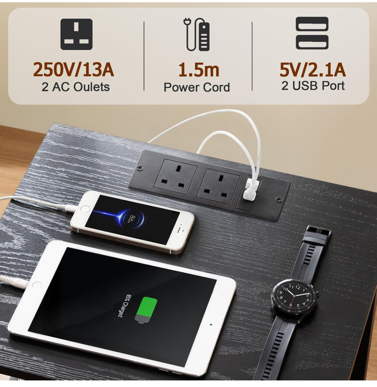 Bedside Table Set of 2 with Charging Station Black