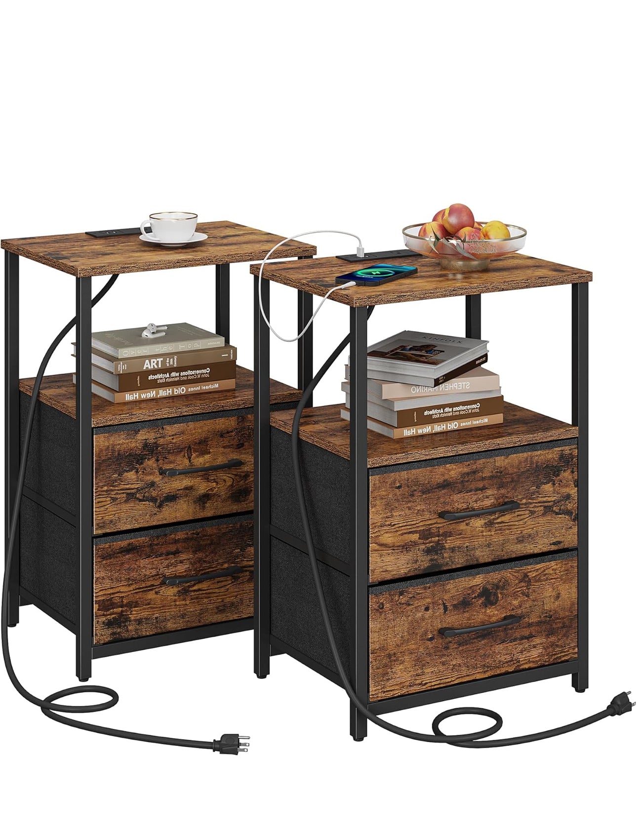 Bedside Table with Charging Station, Side Table with 2 USB Ports and Outlets, Nightstand with Cloth Drawer, Set of 2, End Table, Brown