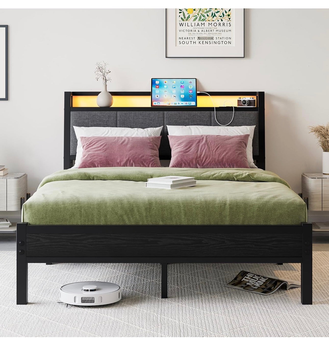 Bed Frame, 4FT6 Bed Frame Ergonomics Double with Charging Station and LED Lights, Heavy Duty Platform Full Bed with Fabric Storage Sloped Headboard, No Box Spring Needed, (Black)