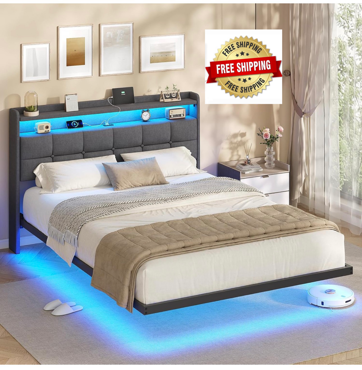 4ft6 Floating Double Bed Frame 135×190CM with LED Lights & Charging Station, Metal Platform Bed frame with Upholstered Headboard, Easy Assembly,Noise Free,No Box Spring Needed,Dark Gray Linen