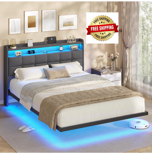 4ft6 Floating Double Bed Frame 135×190CM with LED Lights & Charging Station, Metal Platform Bed frame with Upholstered Headboard, Easy Assembly,Noise Free,No Box Spring Needed,Dark Gray Linen