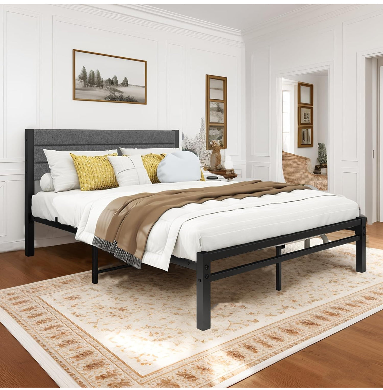 Double Bed Frame with Storage Upholstered Headboard