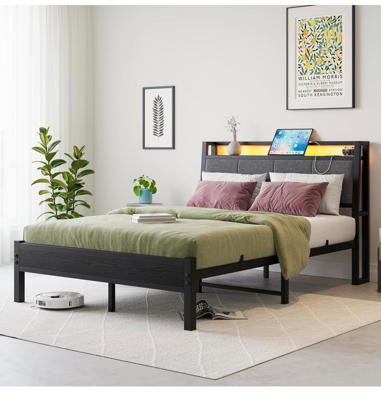 Bed Frame, 4FT6 Bed Frame Ergonomics Double with Charging Station and LED Lights, Heavy Duty Platform Full Bed with Fabric Storage Sloped Headboard, No Box Spring Needed, (Black)