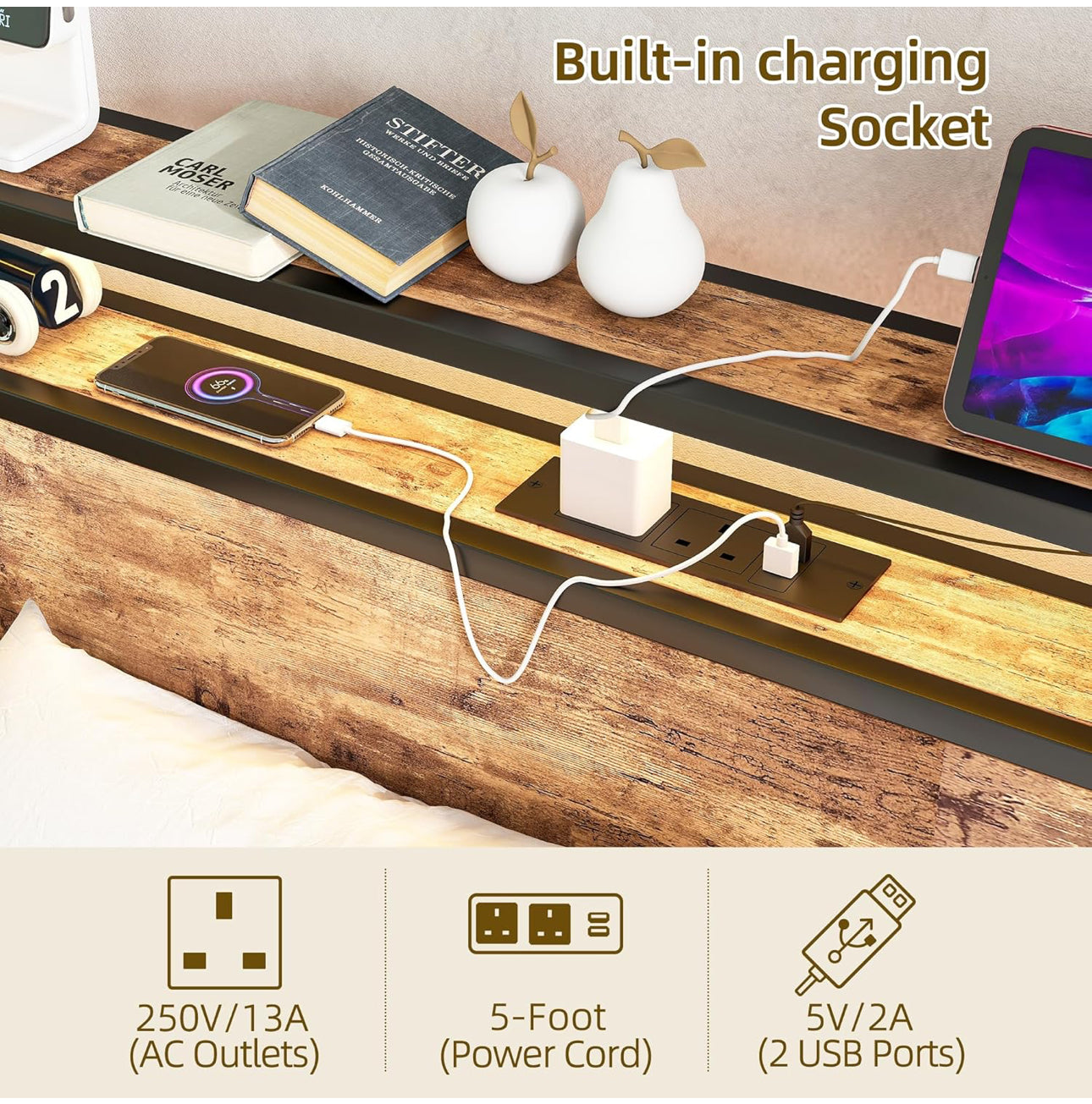 Single Bed Frame with Storage Shelf Headboard &amp; LED Lights,Metal Platform Bed Frame with Charging Station
