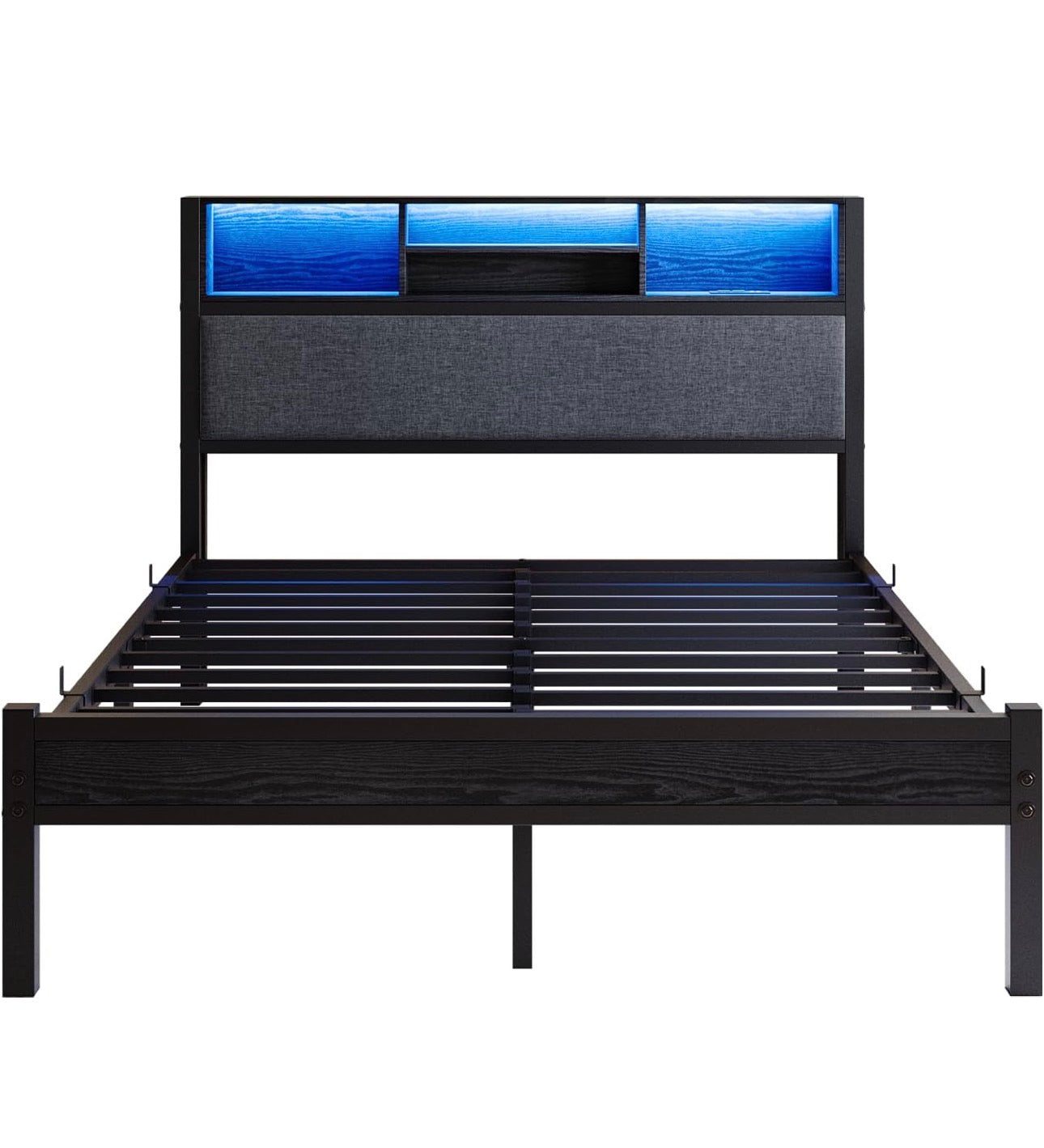 4ft6 Double Size Bed Frame with Storage Shelf Upholstered Headboard