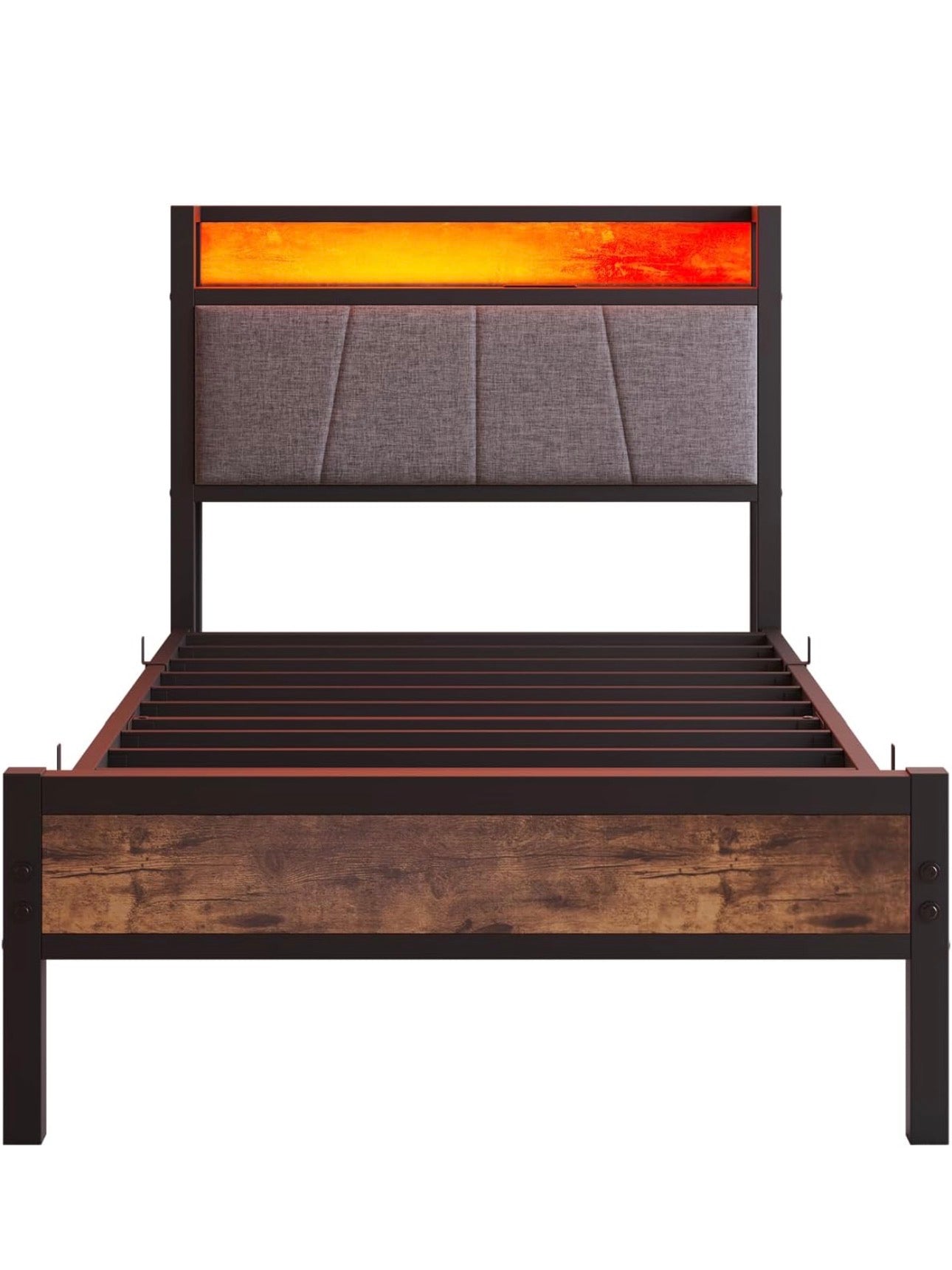 3ft Single Bed Frame with Storage Headboard,LED Lights Brown