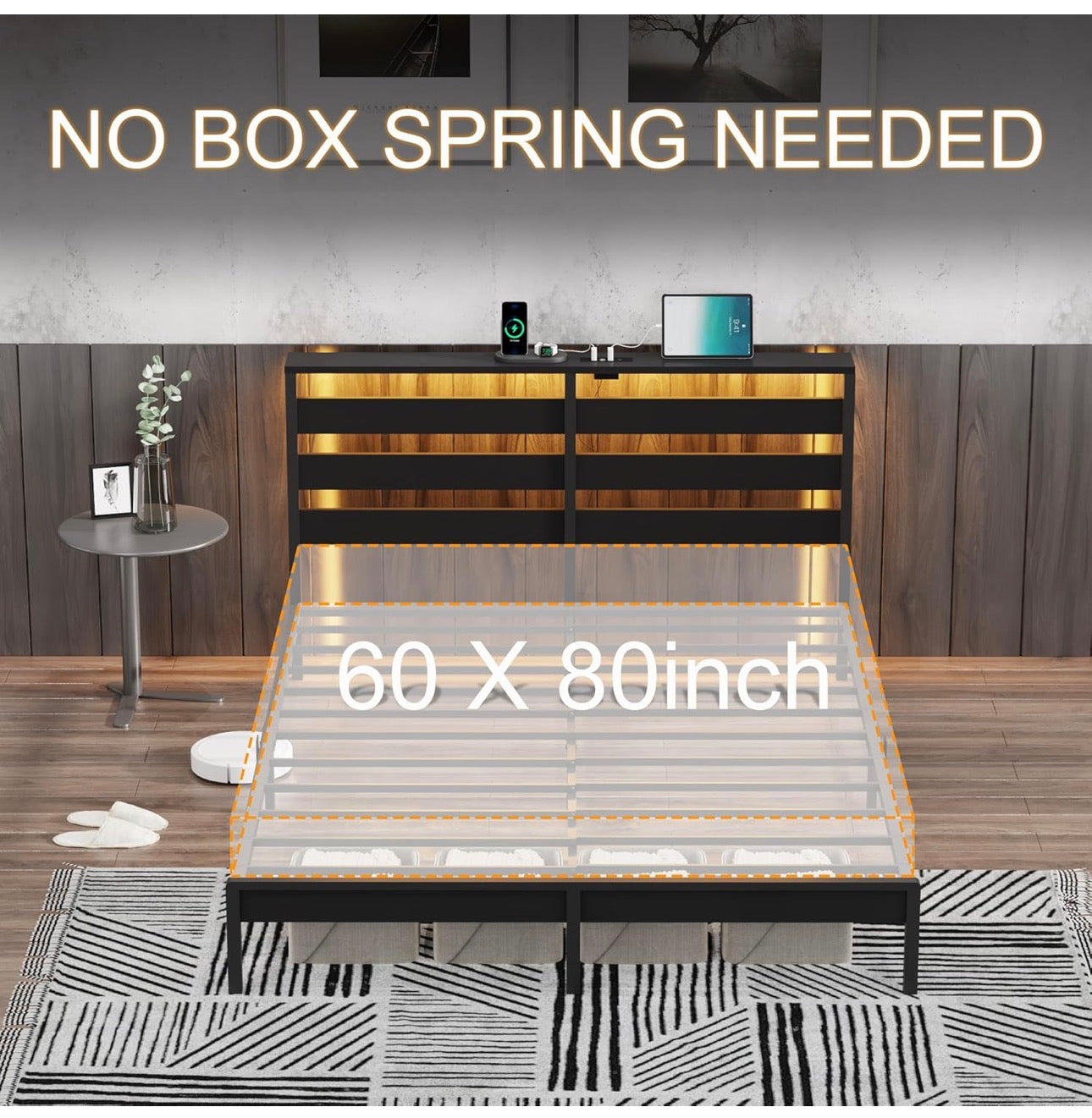 5ft King Bed Frame with Charging Station and LED Lights, Heavy Duty Metal Platform King 150x200 cm Bed Frame with Wood Storage Headboard, No Box Spring Needed, Noise Free, Black
