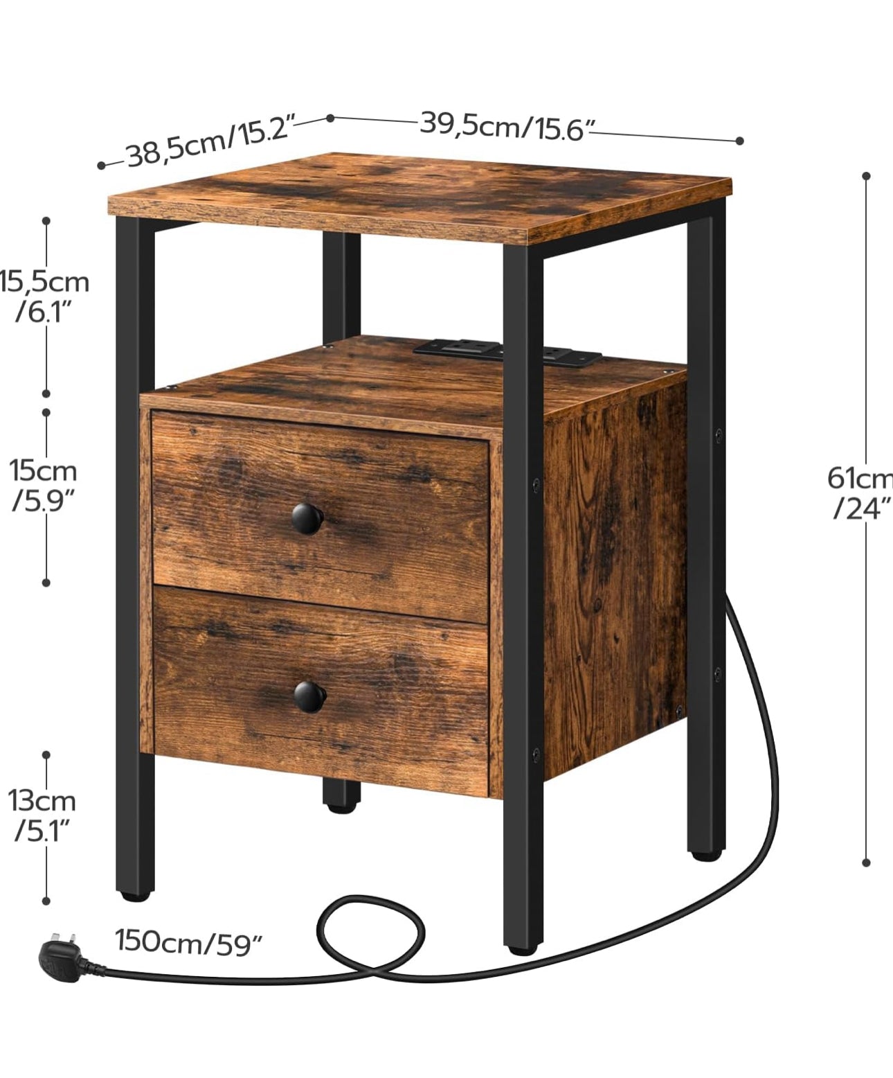 2 Bedside Table, Side Table with Charging Station