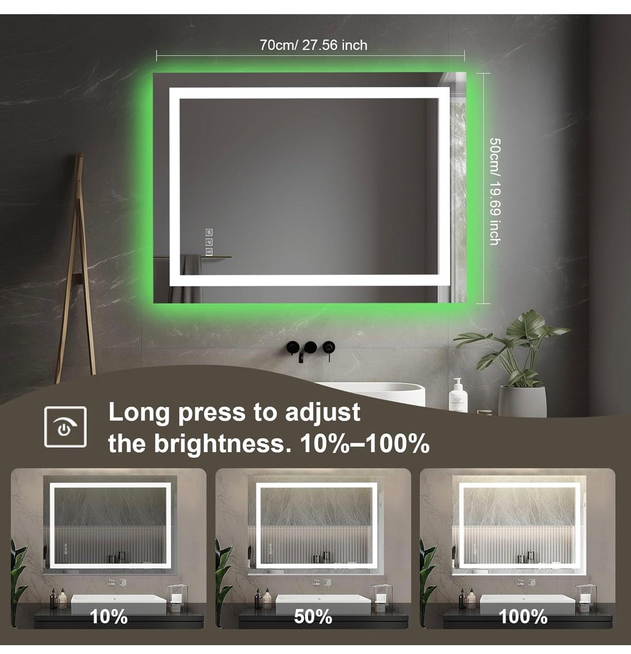 Illuminated Bathroom Mirror with Light, LED Backlit Wall Mirror, with Touch Sensor and Demister Anti-Fog