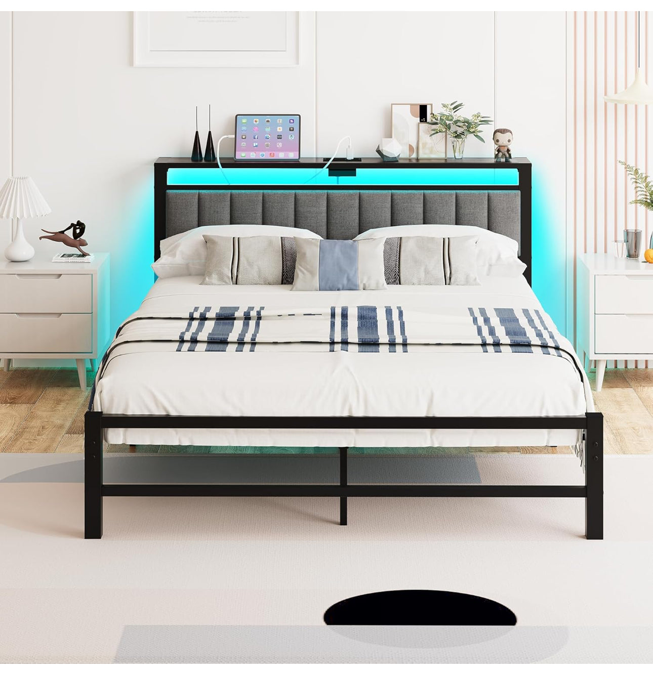 King Size Bed Frame with Storage Headboard, 5ft Upholstered Bed Frame Kingsize with Charging Station and LED Lights