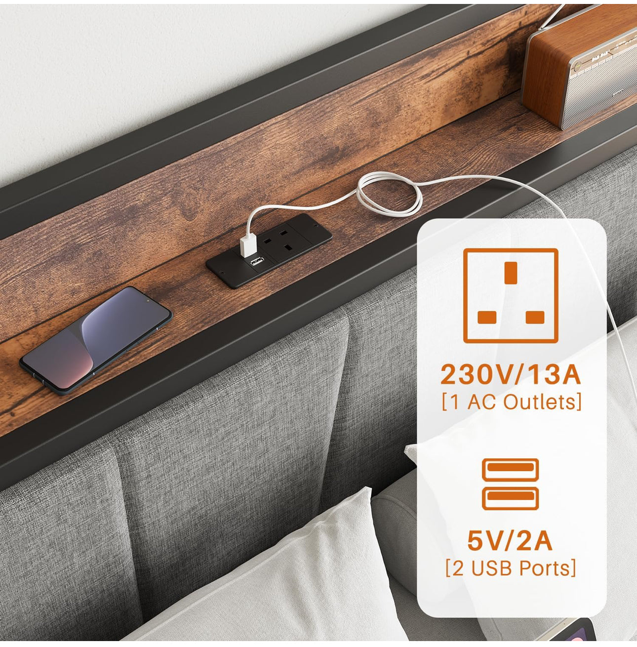 King Size Bed Frame with Storage,5ft Metal Platform Bed Frame Kingsize Bed Base with Charging Station