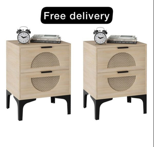 Set of 2 Bedside Table Boho Wood Nightstand