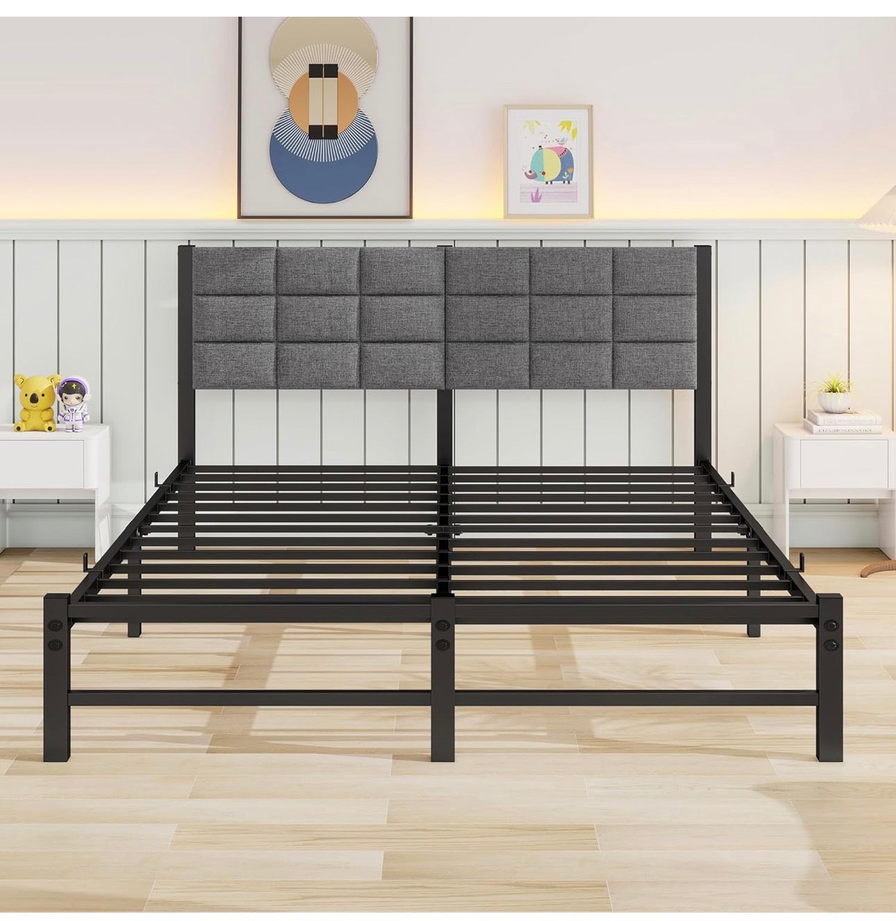5ft King Size Bed Frame with Headboard,Metal Bed Frame Kingsize Bed Upholstered Platform Bed with Steel Slat Support,No Box Spring Needed,Easy Assembly,Noise Free,Grey Linen